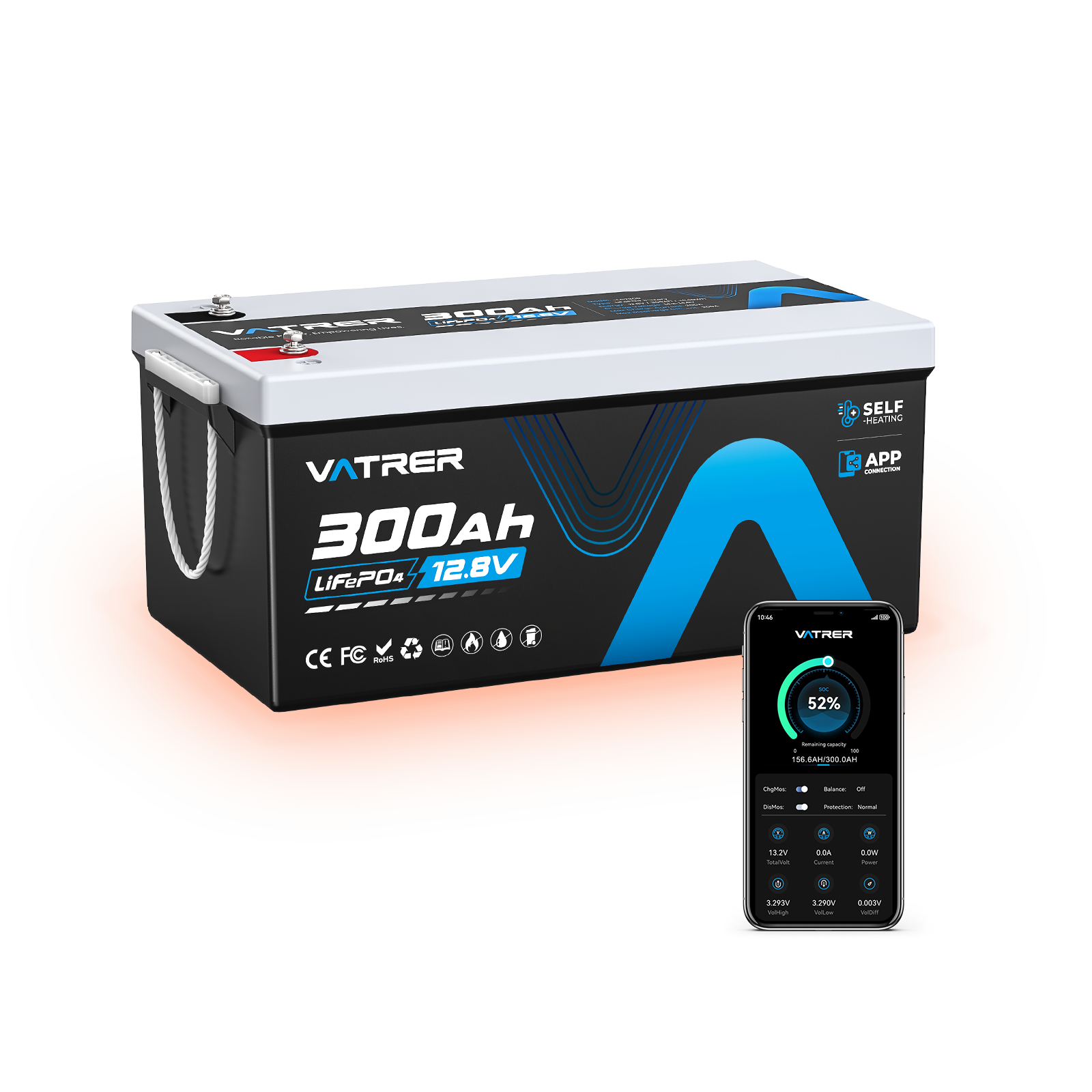 Vatrer 12V 300AH Bluetooth LiFePO4 Self Heating Lithium Battery
