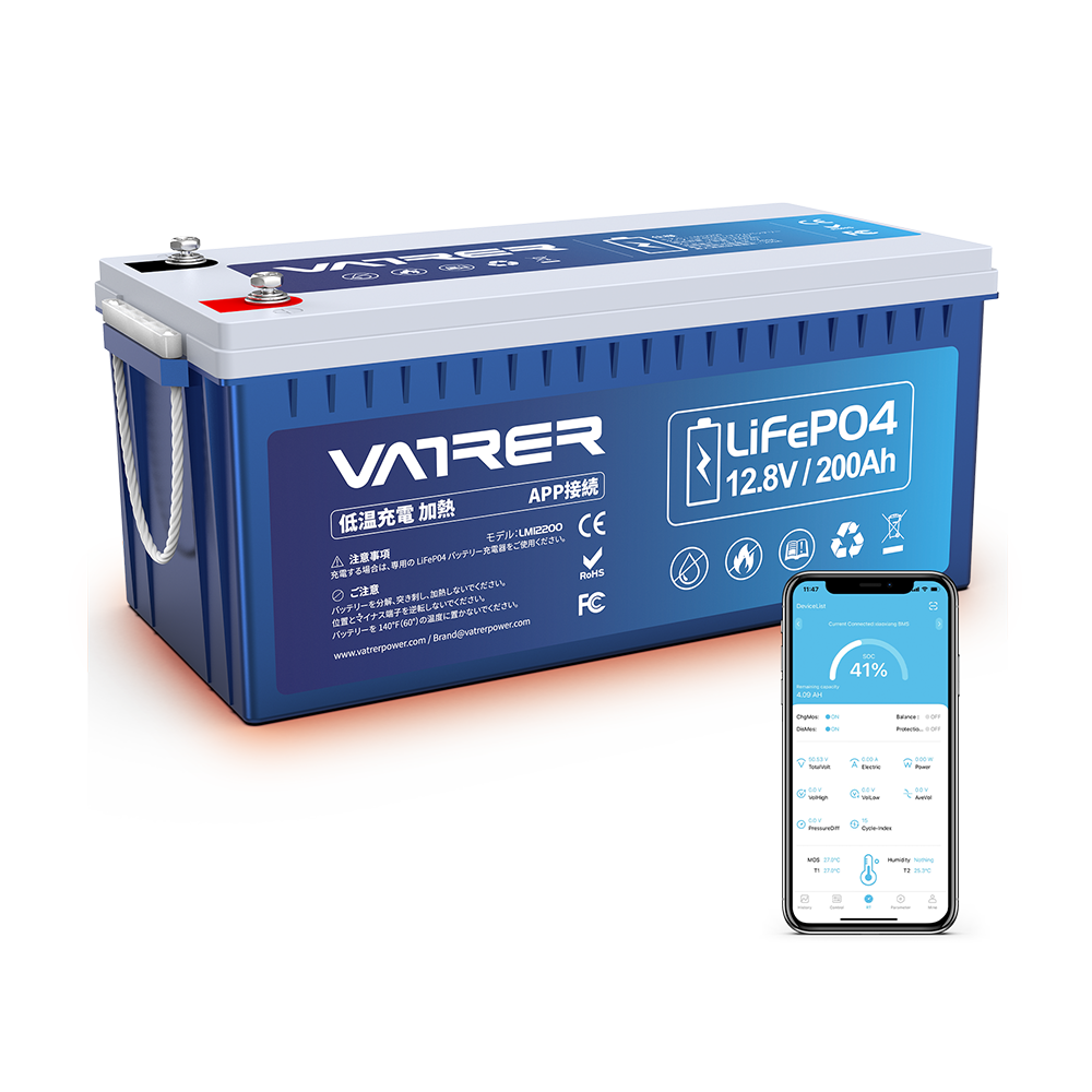 Vatrer 12V 200Ah 200A BMS Bluetooth LiFePO4 リチウム自己発熱バッテリー