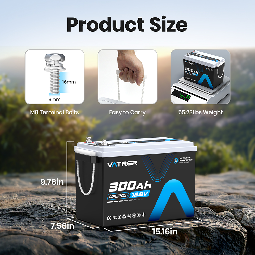 Vatrer 12V 300Ah Deep Cycle Lithium Battery Size