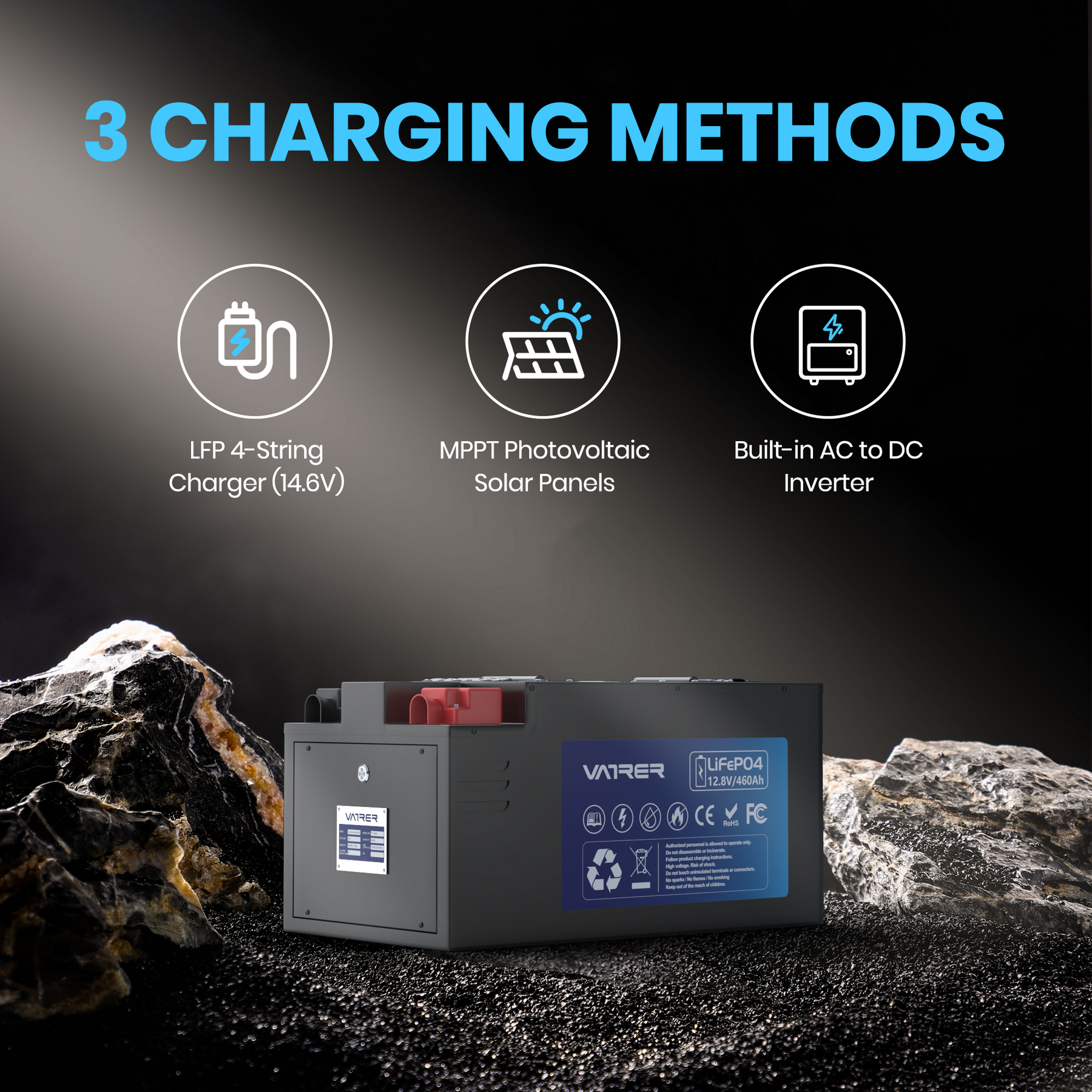 Supports three charging methods, LFP 4-String Charger (14.6V),MPPT Photovoltaic Solar Panels,Built-in AC to DC Inverter 15