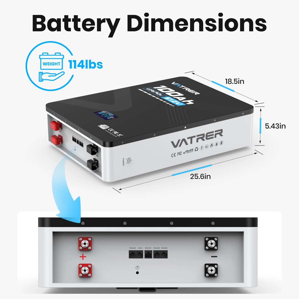 Vatrer 51.2V 100Ah Wall-Mounted LiFePO4 Lithium Deep Cycle Battery, 6000+ Deep Cycles, Built-in 100A BMS, Power Wall Solution & Home Energy Backup 11
