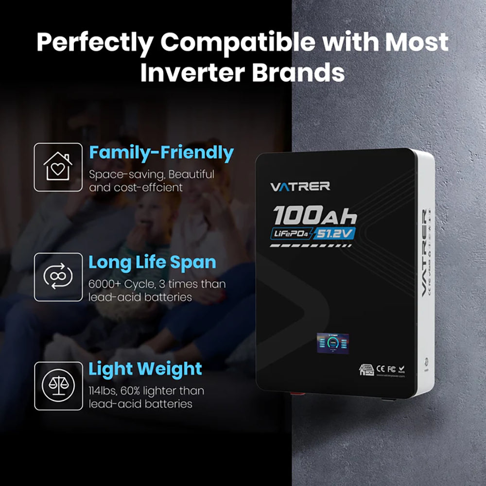 Vatrer 48V 100Ah Wall-Mounted Lithium Solar Battery Compatible with Most Inverter Brands