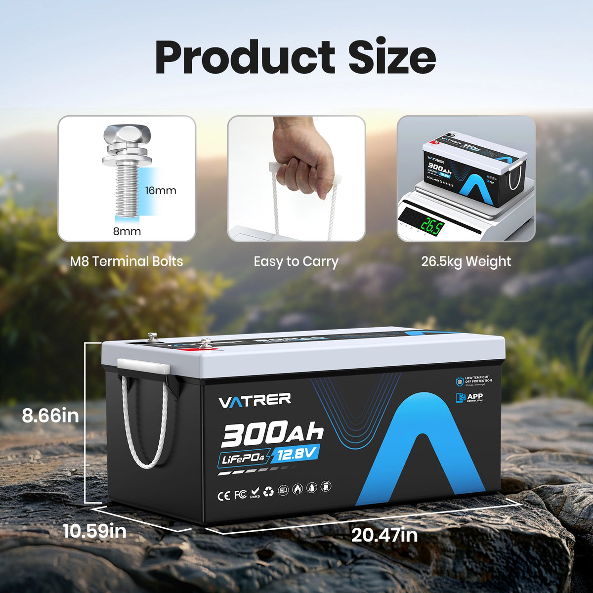 Vatrer 12V 300Ah Bluetooth LiFePO4 Lithium-Akku, 200A BMS, unterstützt Laden bei niedrigen Temperaturen (-4°F), 5000+ Zyklen, 2560W Leistung 11