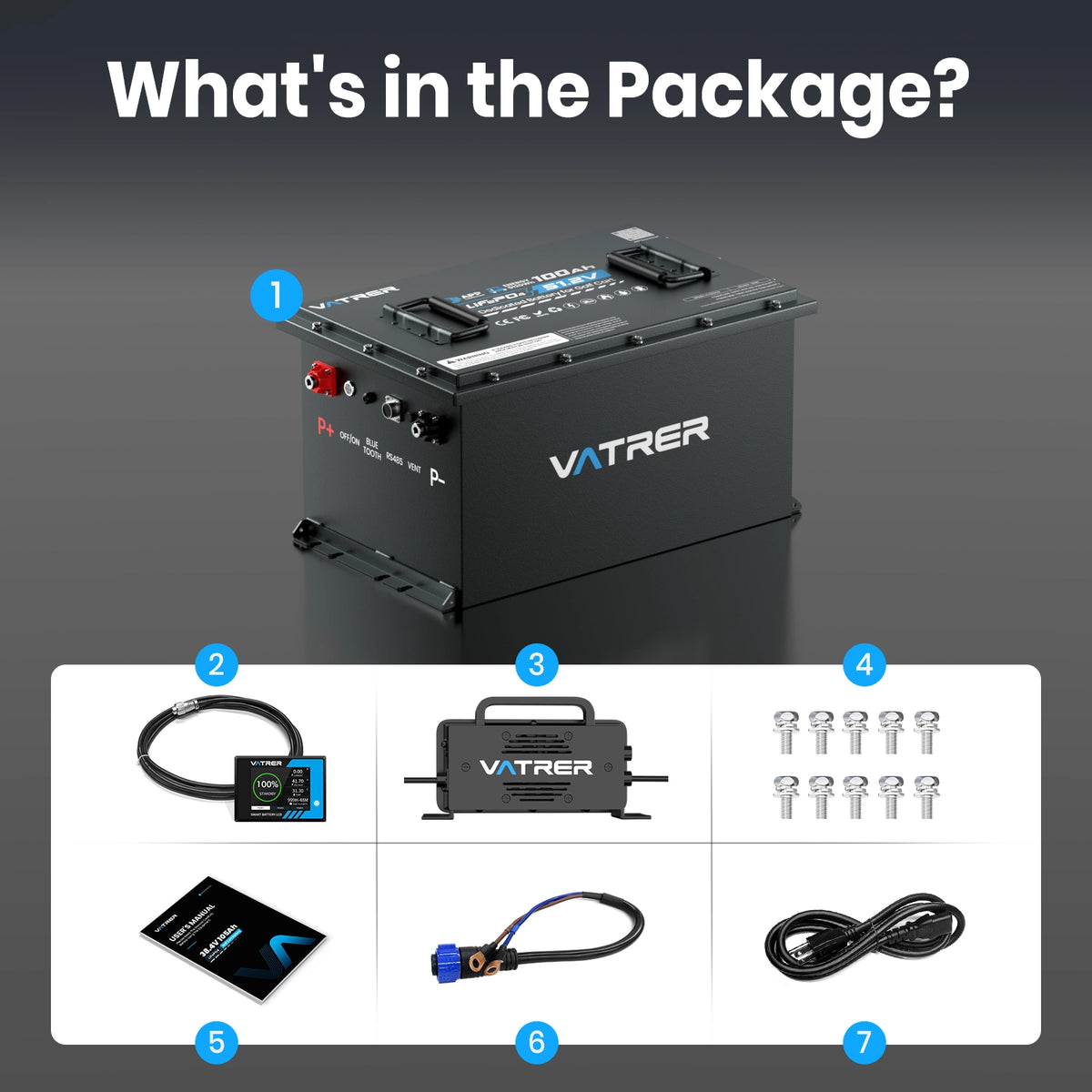 Vatrer 48V 100Ah LiFePO4 Golf Cart Battery 200A BMS 11