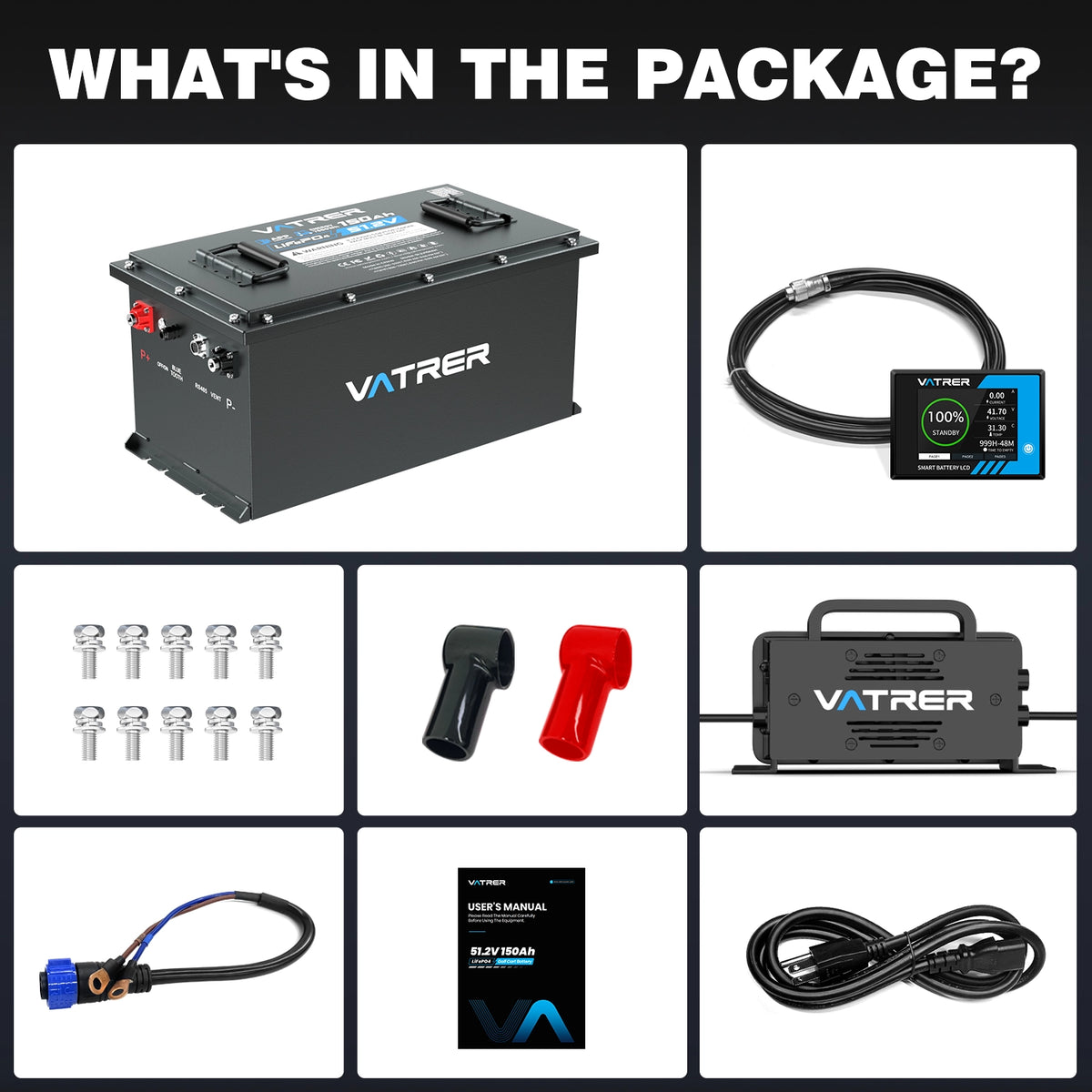 Vatrer 48V 150Ah Lithium Golf Cart Battery Kit 200A BMS 11
