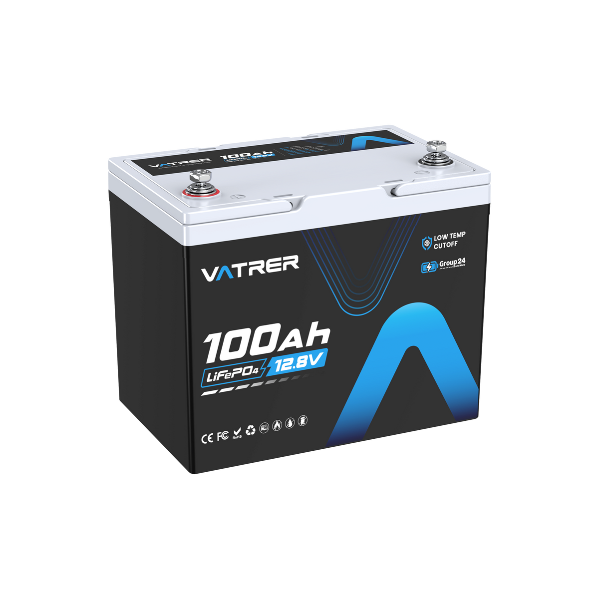 Vatrer 12V 100Ah Group 24 Lithium Battery, 100A BMS Low Temp LiFePO4 Battery 11