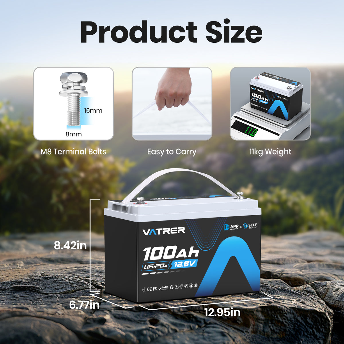 Vatrer 12V 100AH LiFePO4 Self-Heating Lithium Battery with Bluetooth CA 11