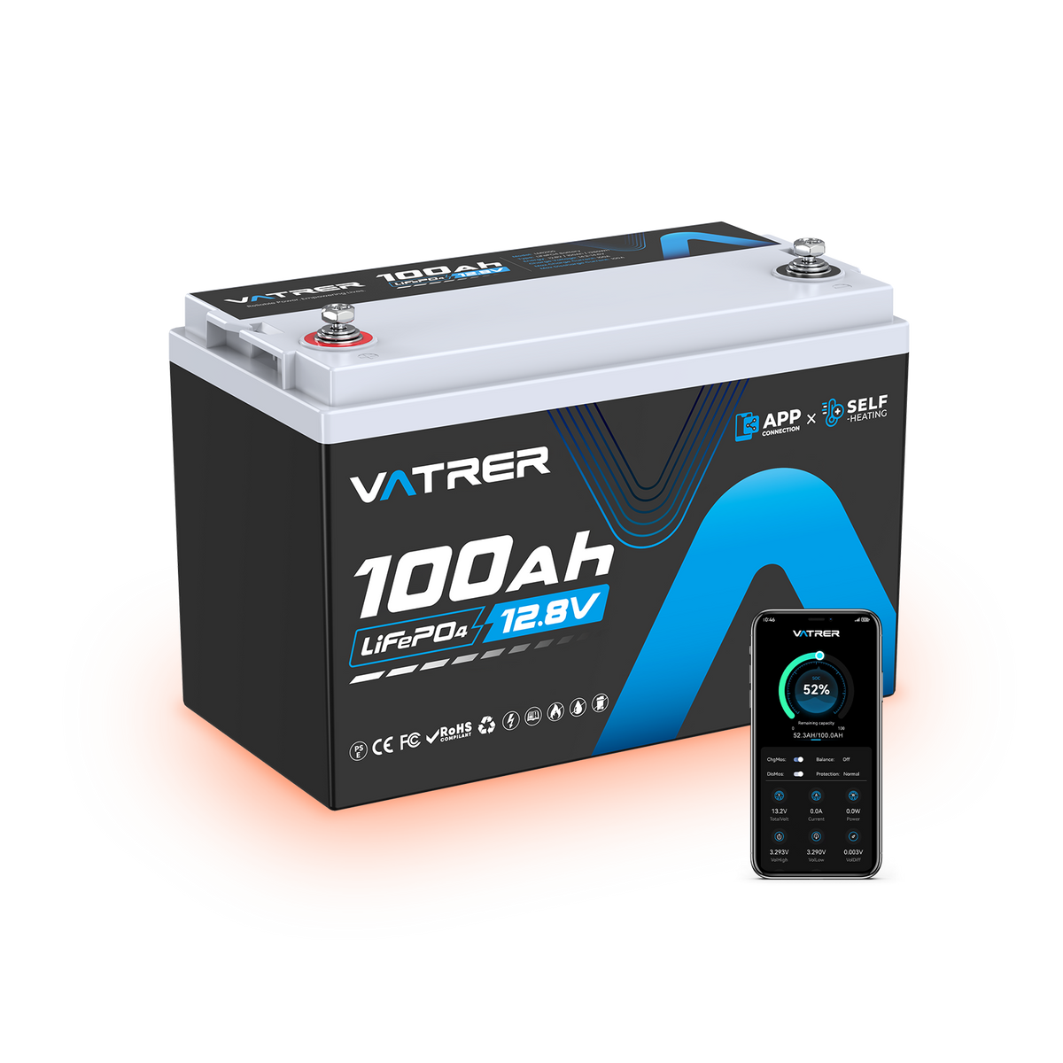 Vatrer 12V 100Ah Heated Lithium Battery with Bluetooth 100A BMS 11