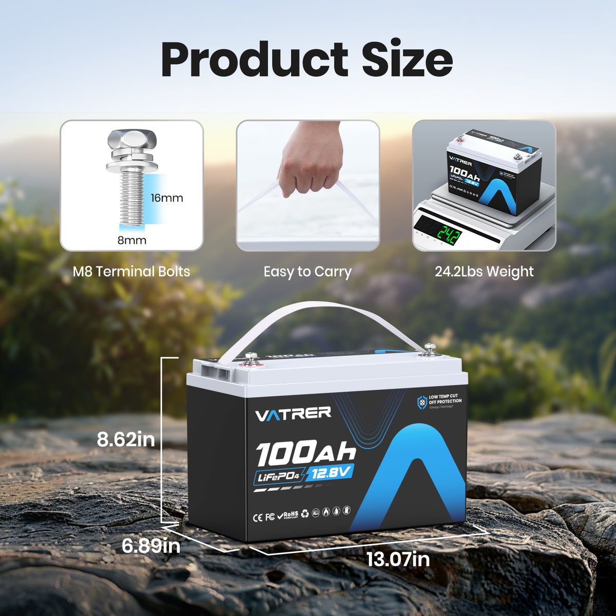 Vatrer 12V 100Ah Low Temp Cutoff LiFePO4 Lithium Battery Group 31 Size 11