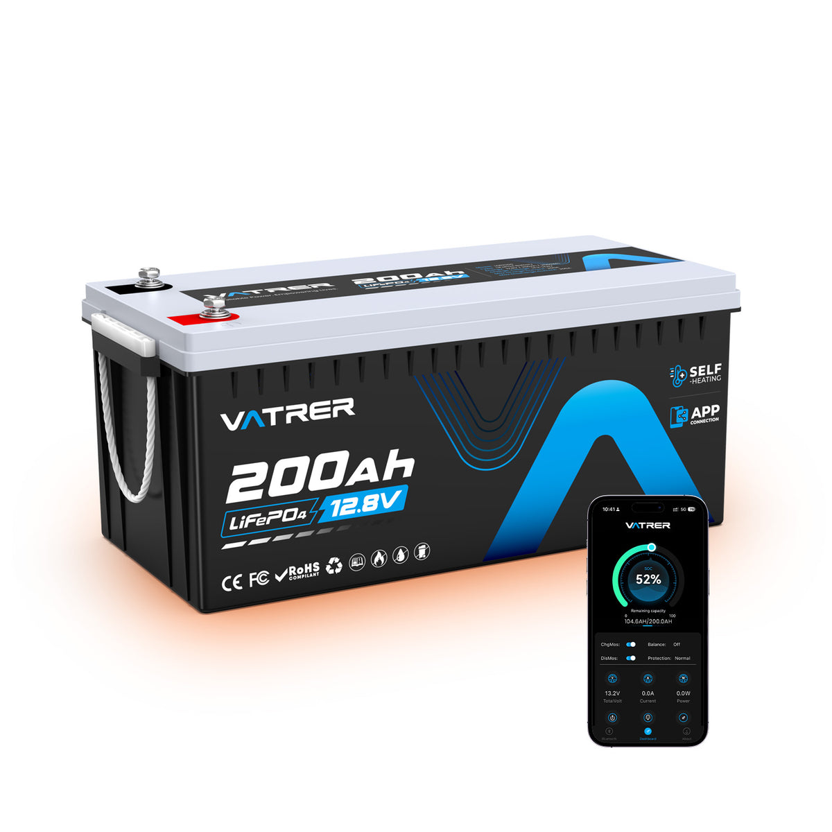 Vatrer 12V 200Ah Bluetooth LiFePO4 Self-Heated Lithium Battery 200A BMS CA 11