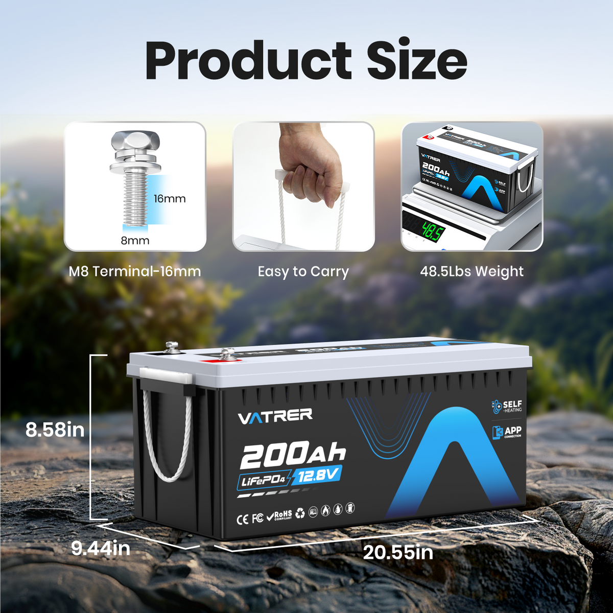 Vatrer 12V 200Ah Bluetooth LiFePO4 Self-Heated Lithium Battery 200A BMS CA 11