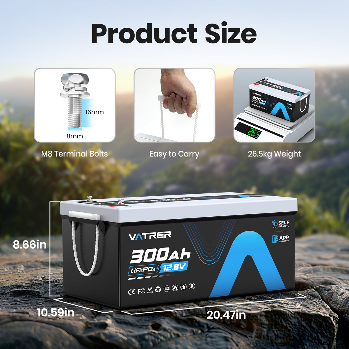 Vatrer 12V 300AH Bluetooth LiFePO4 Self Heating Lithium Battery 11