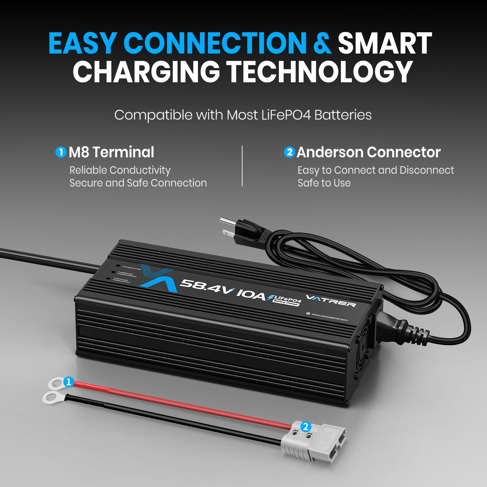 Vatrer 48V Lithium Battery Charger, 58.4V 10A AC-DC LiFePO4 Smart Battery Charger CA 13