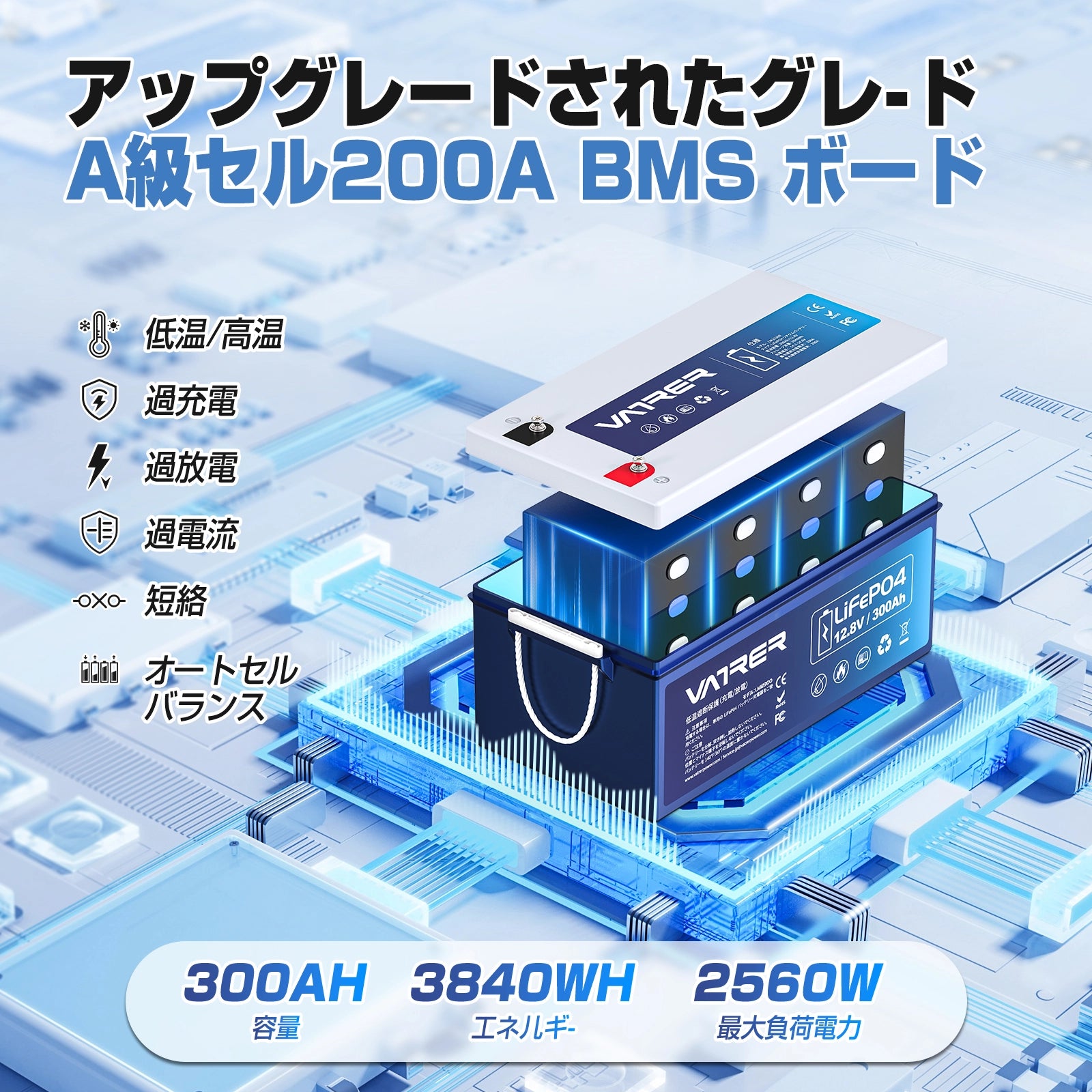 Vatrer 12V 300Ah LiFePO4 リチウム電池、200A BMS 内蔵、低温カットオフ、3840Wh エネルギー 13