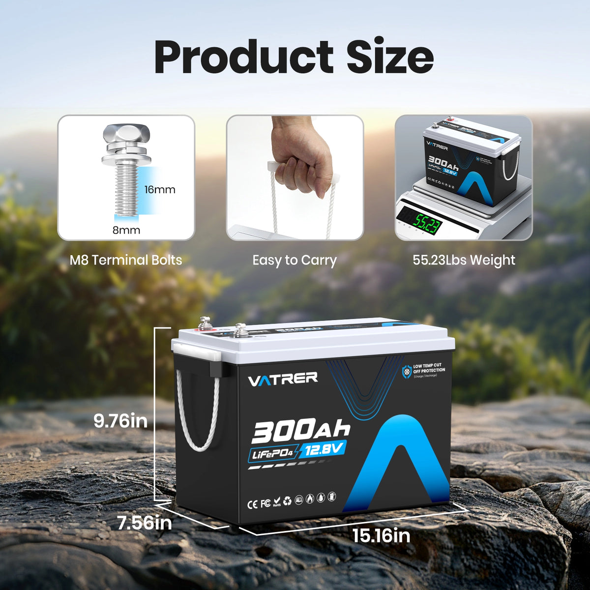 Vatrer 12V 300Ah 200A BMS LiFePO4 Lithium Battery 11