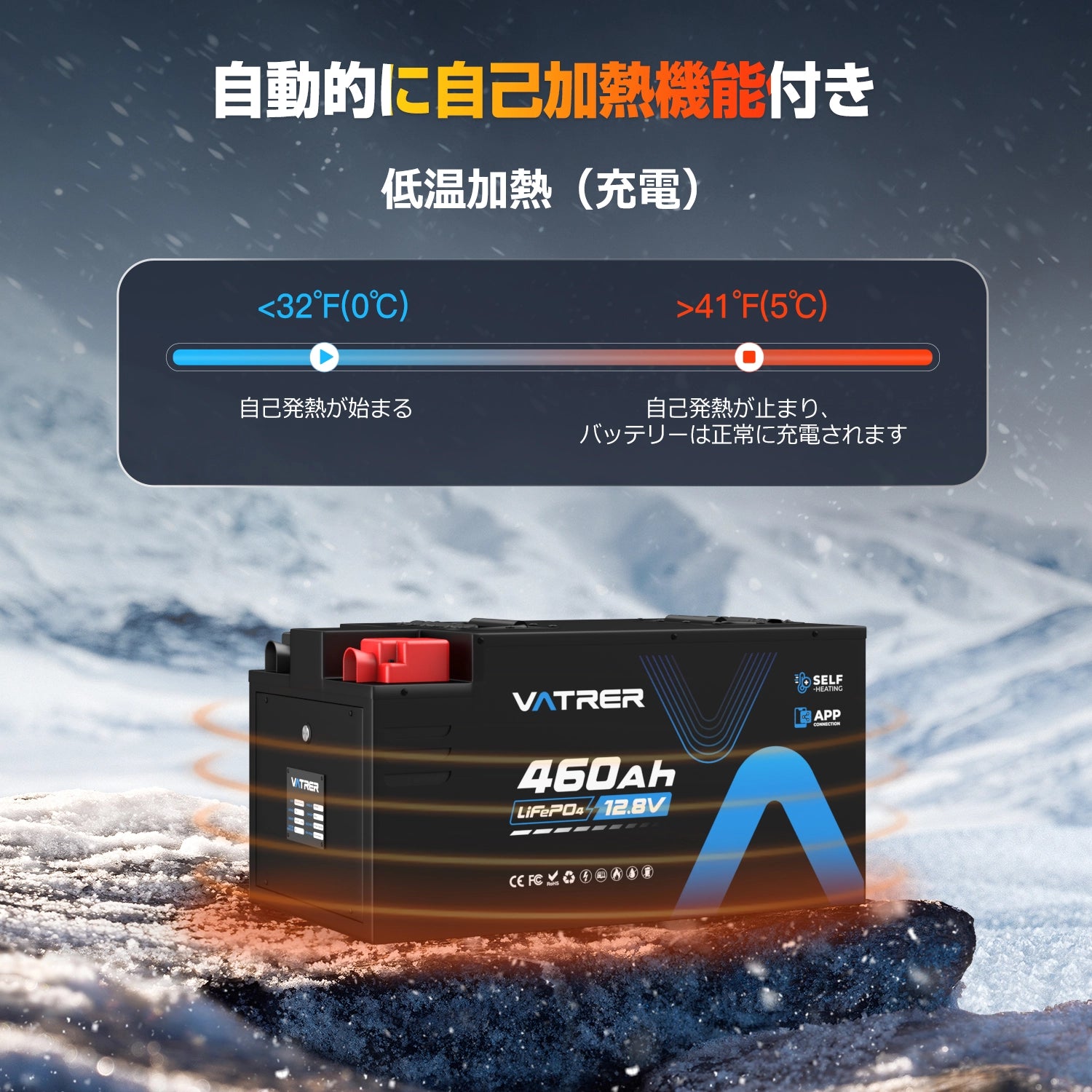 Vatrer 12V 460Ah 大容量リチウムバッテリー|自己加熱機能搭載・300A BMS内蔵・5kWh RV・キャンピングカー用 JP 12