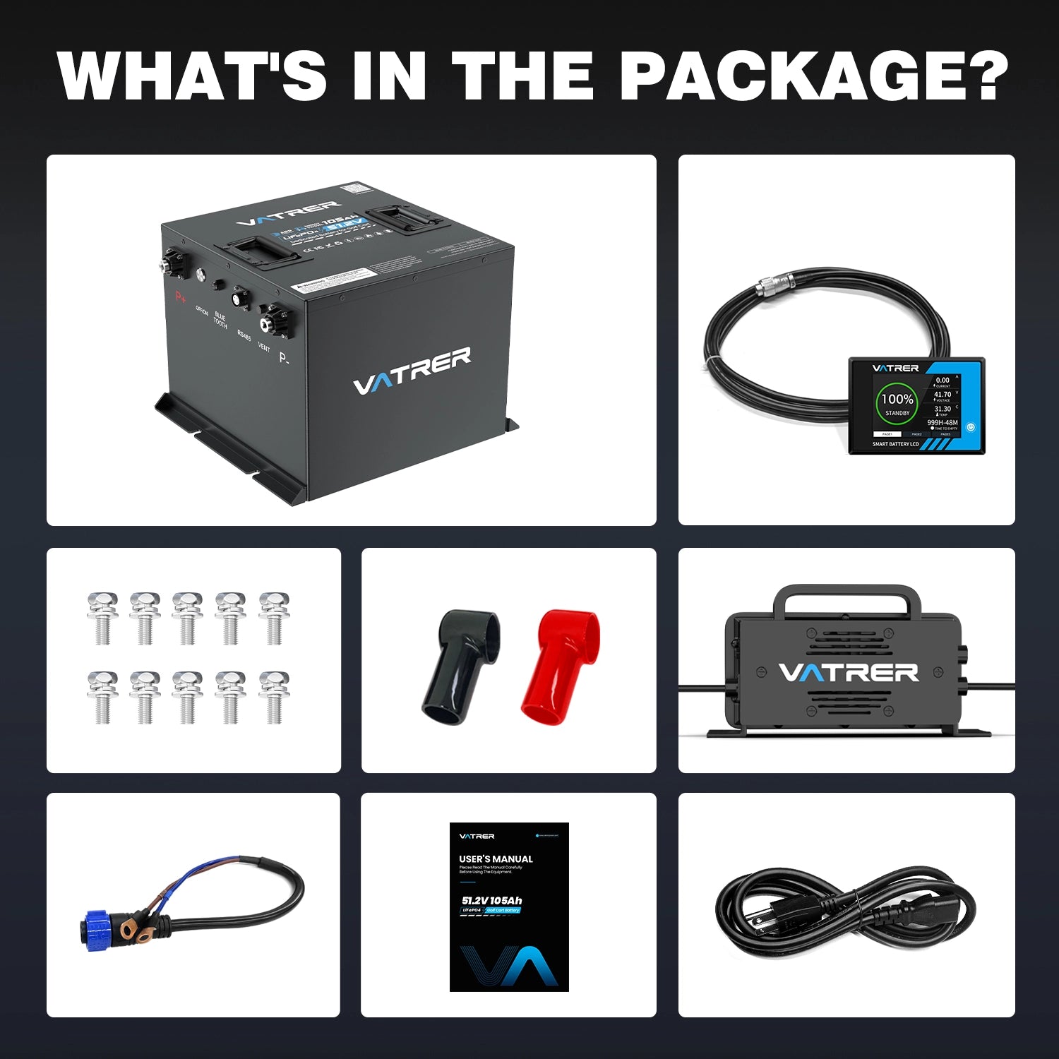 Vatrer 48V 105Ah Mini Lithium Golf Cart Battery, Built-in 200A BMS Max 10.24kW Output Power 12