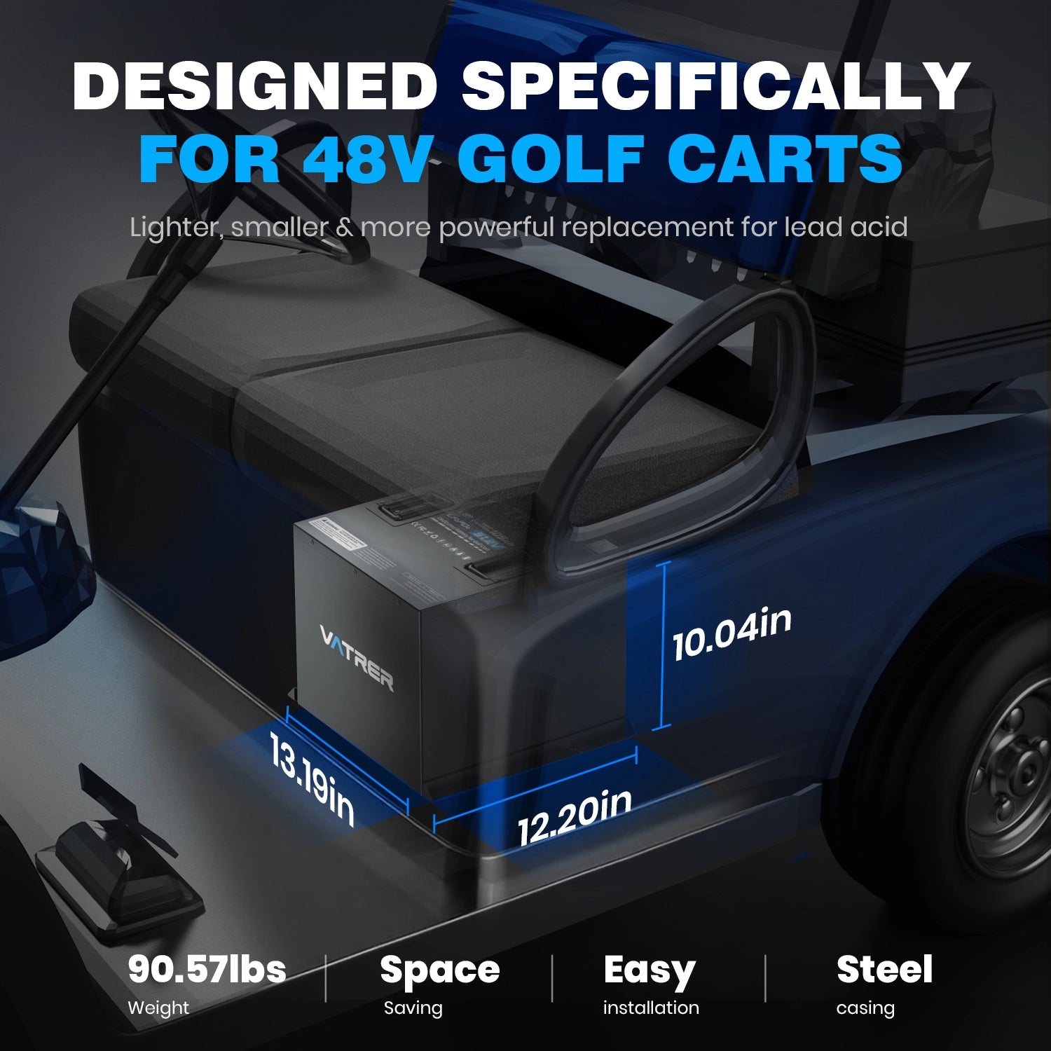 Vatrer 48V 105Ah Mini Lithium Golf Cart Battery, Built-in 200A BMS Max 10.24kW Output Power 12
