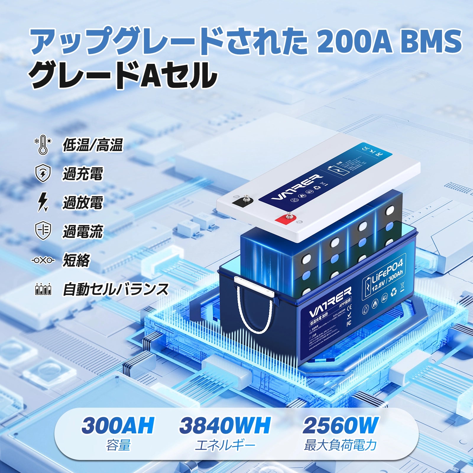Vatrer 12V 300AH Bluetooth LiFePO4 リチウム電池(自己発熱付き) 13