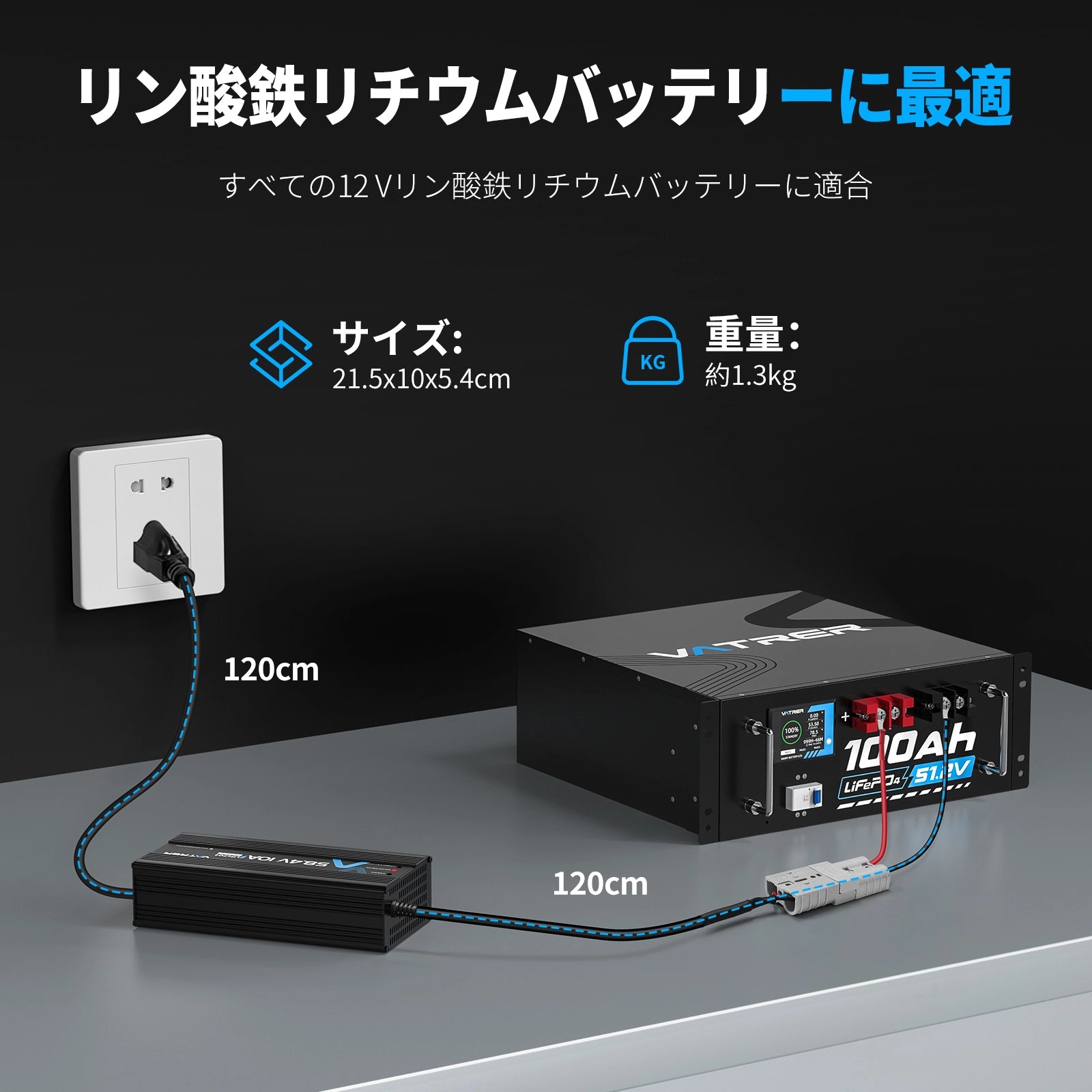 Vatrer 48V リチウム バッテリー チャージャー、58.4V 10A AC-DC LiFePO4 スマート バッテリー チャージャー 13