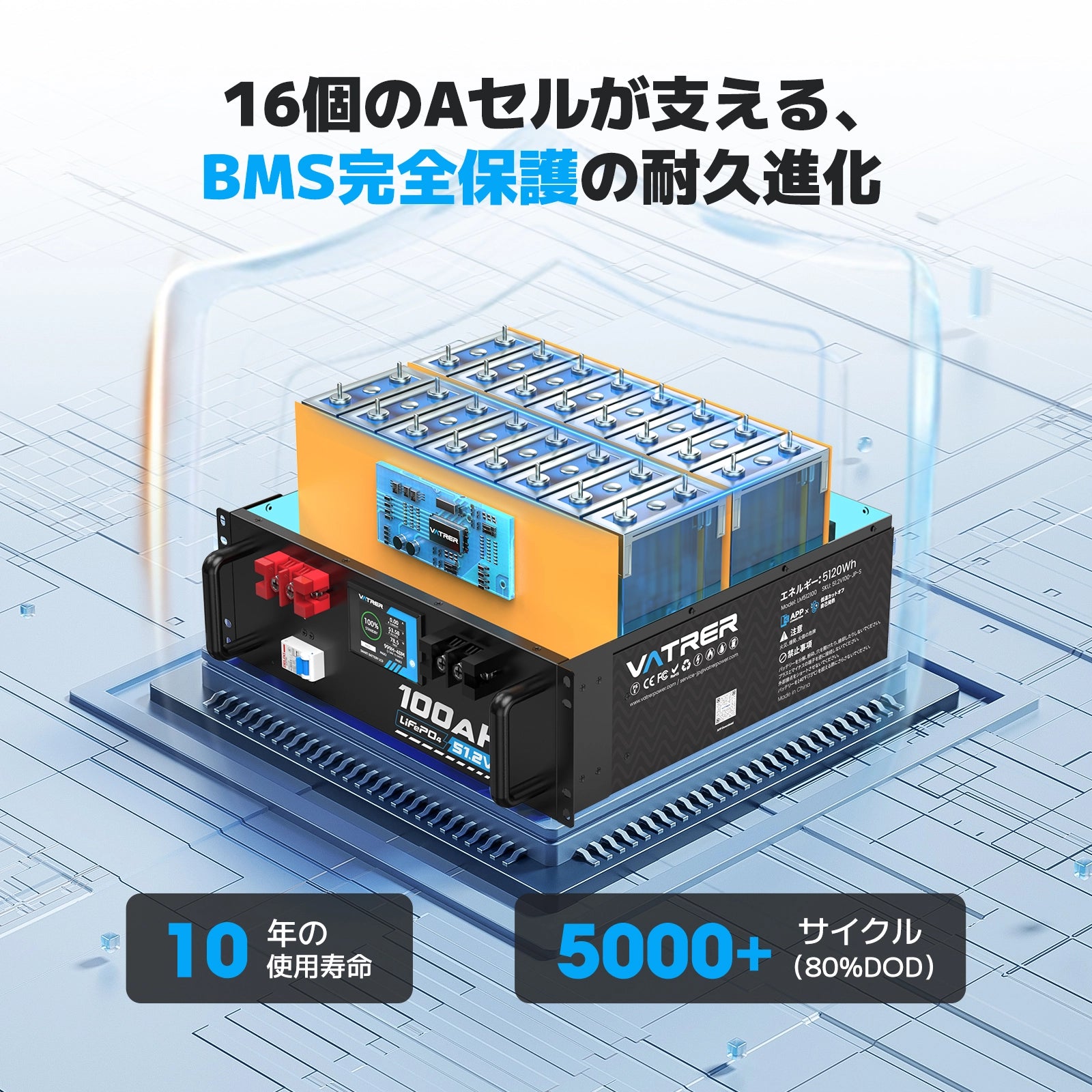 Vatrer 48V(51.2V) 100Ah 自己発熱型リチウム太陽電池 最大負荷電力 5120W JP 13