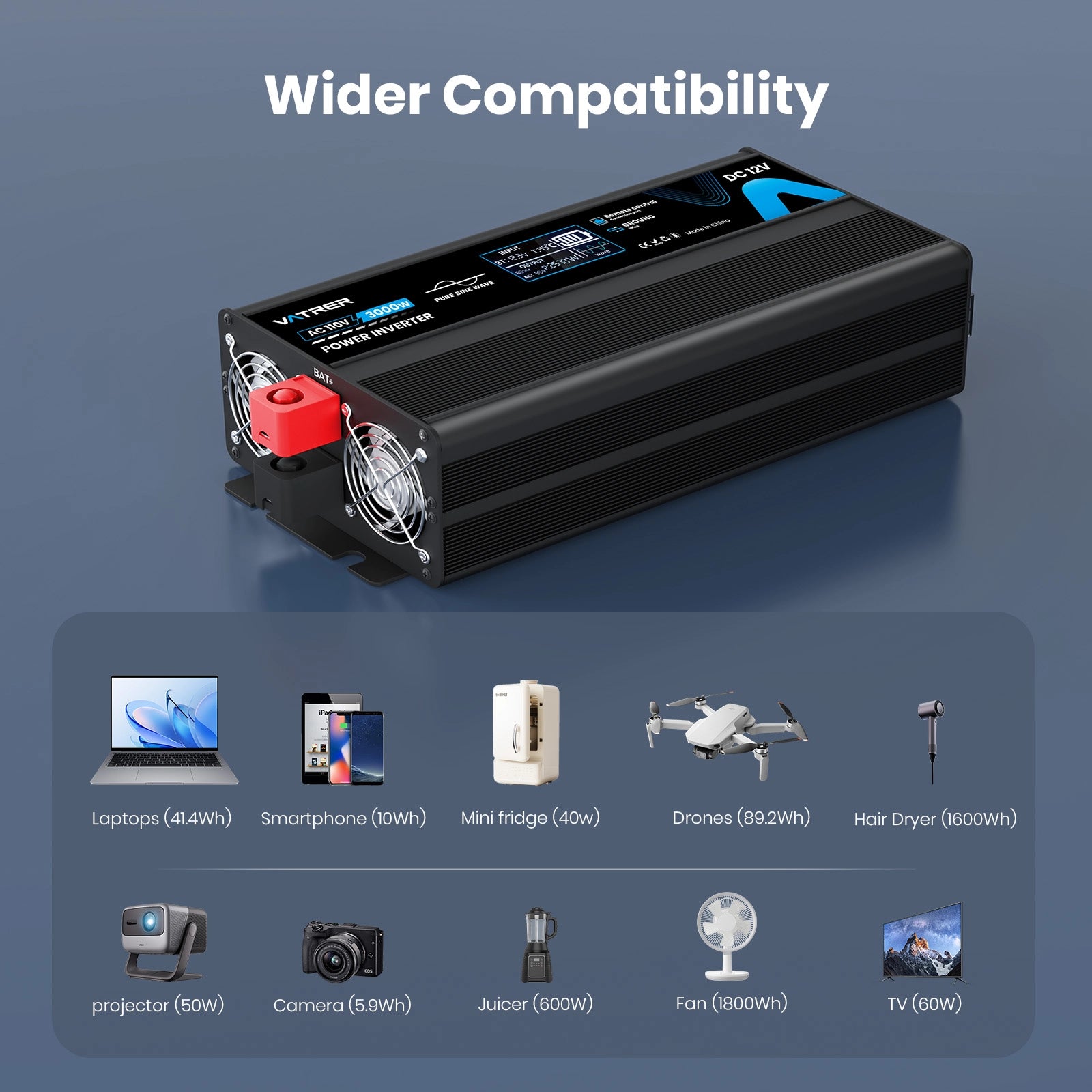 Vatrer 3000 Watt Pure Sine Wave Inverter 12V DC to 110V/120V AC Power Inverter 13