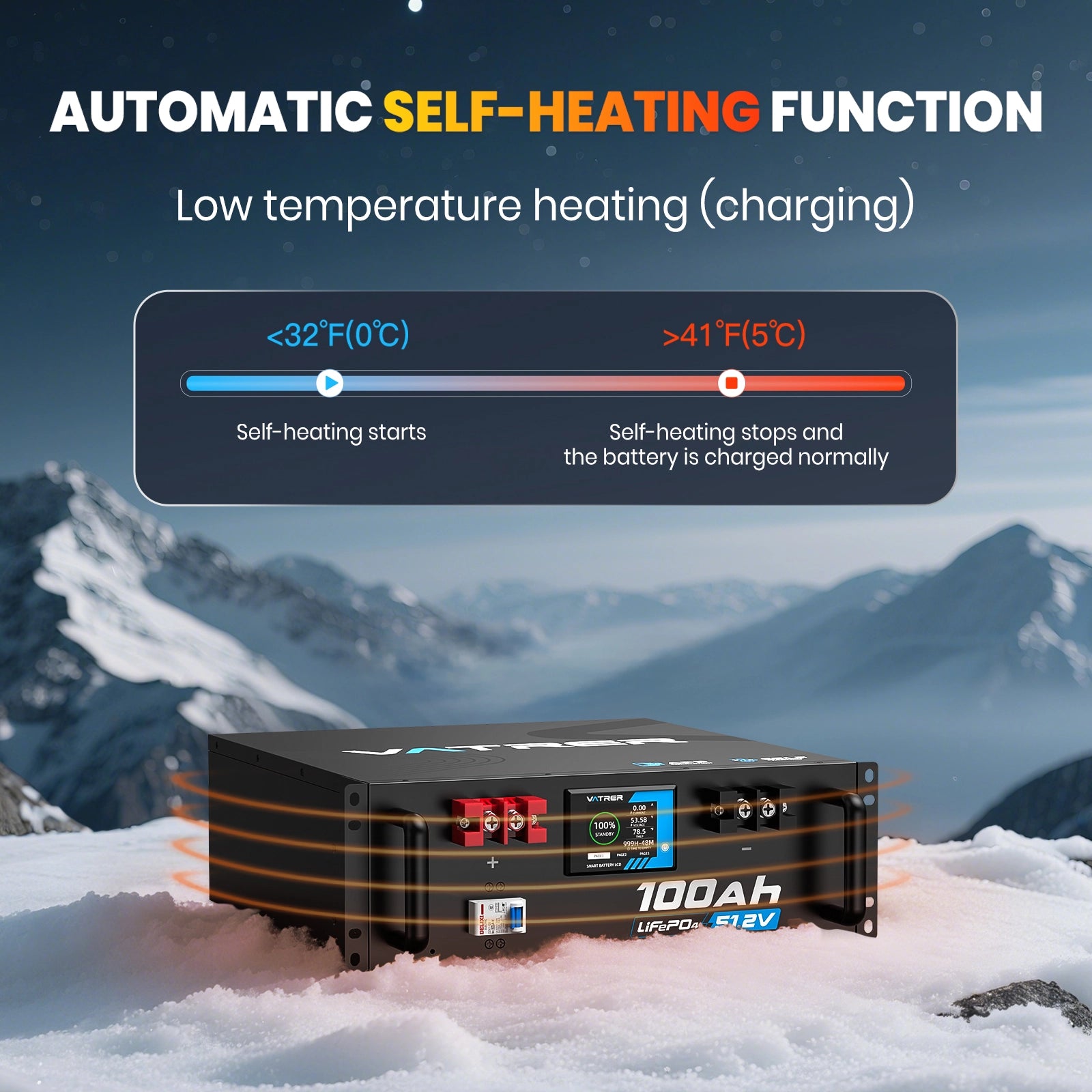 Vatrer 48V(51.2V) 100Ah Heated Lithium Solar Battery, Max 5120W Load Power 13