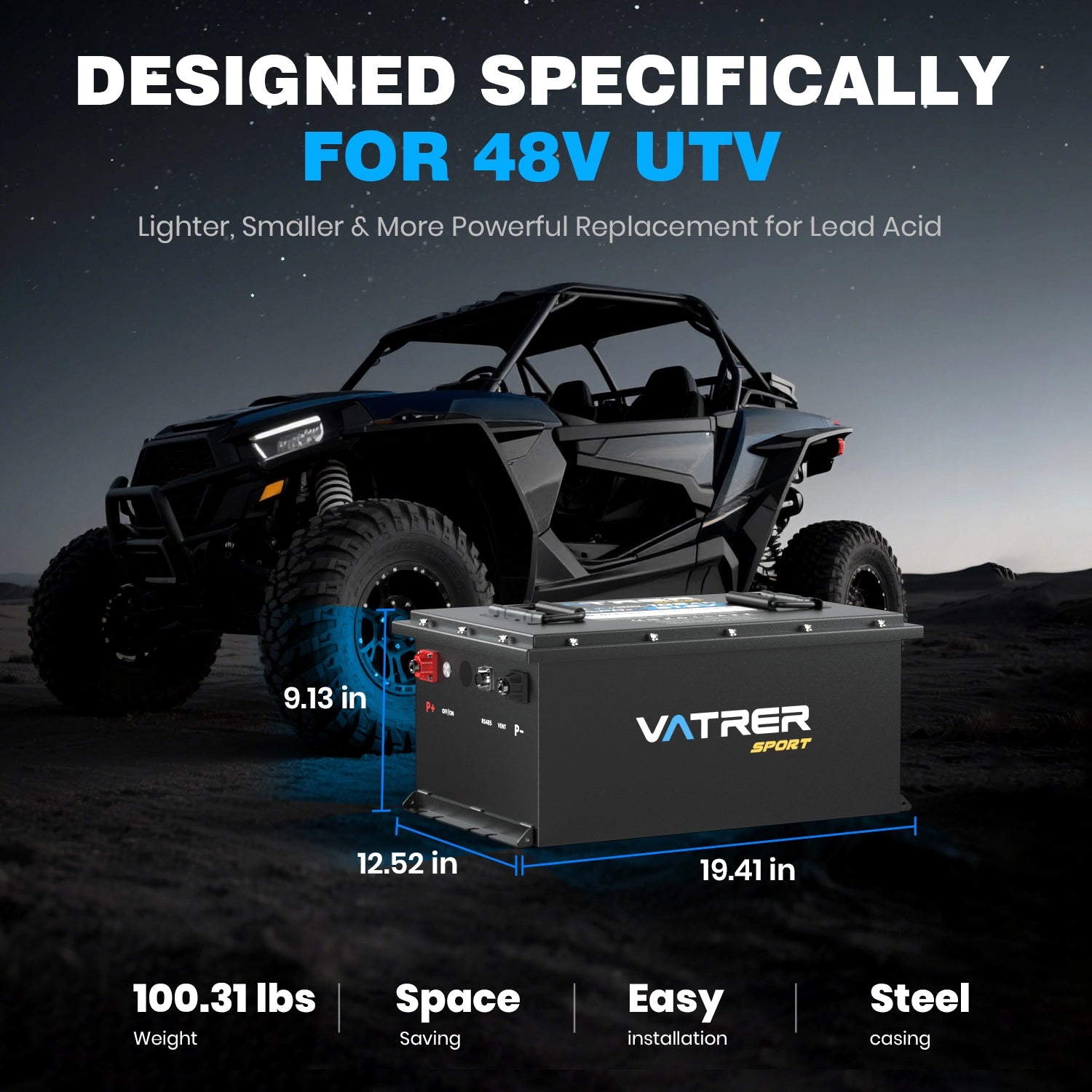 Vatrer 48 Volt 105Ah Lithium Battery for UTV/ATV/Golf Cart, Upgraded 300A BMS, Max 15.36kW Power Output 12