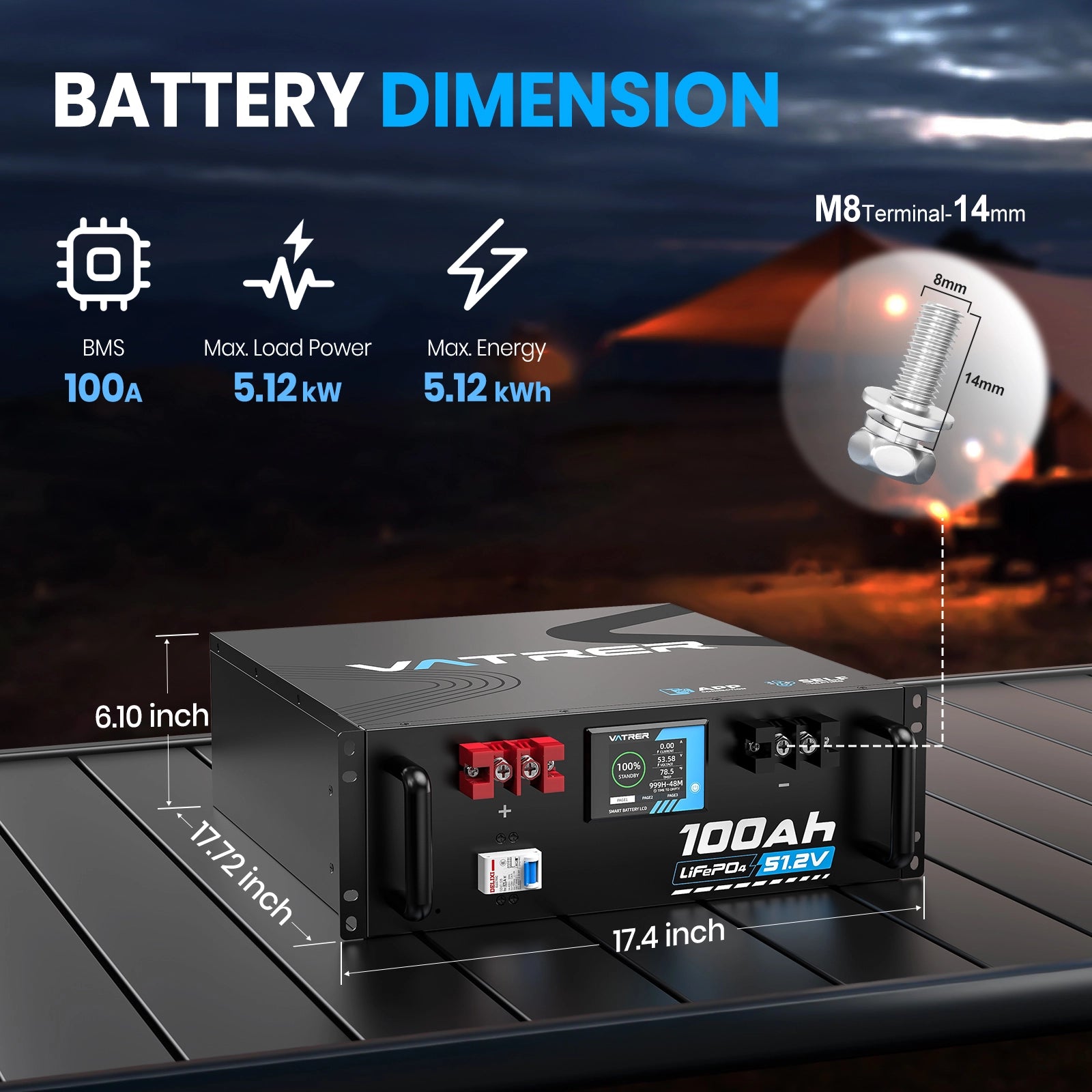 Vatrer 48V(51.2V) 100Ah Heated Lithium Solar Battery, Max 5120W Load Power 13