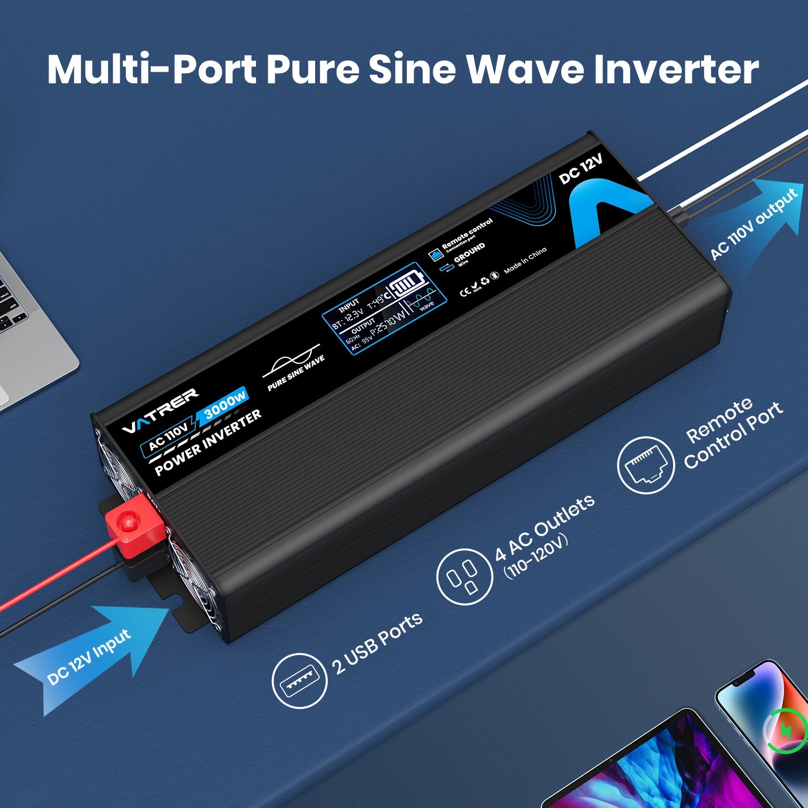 Vatrer 3000 Watt Pure Sine Wave Inverter 12V DC to 110V/120V AC Power Inverter 13
