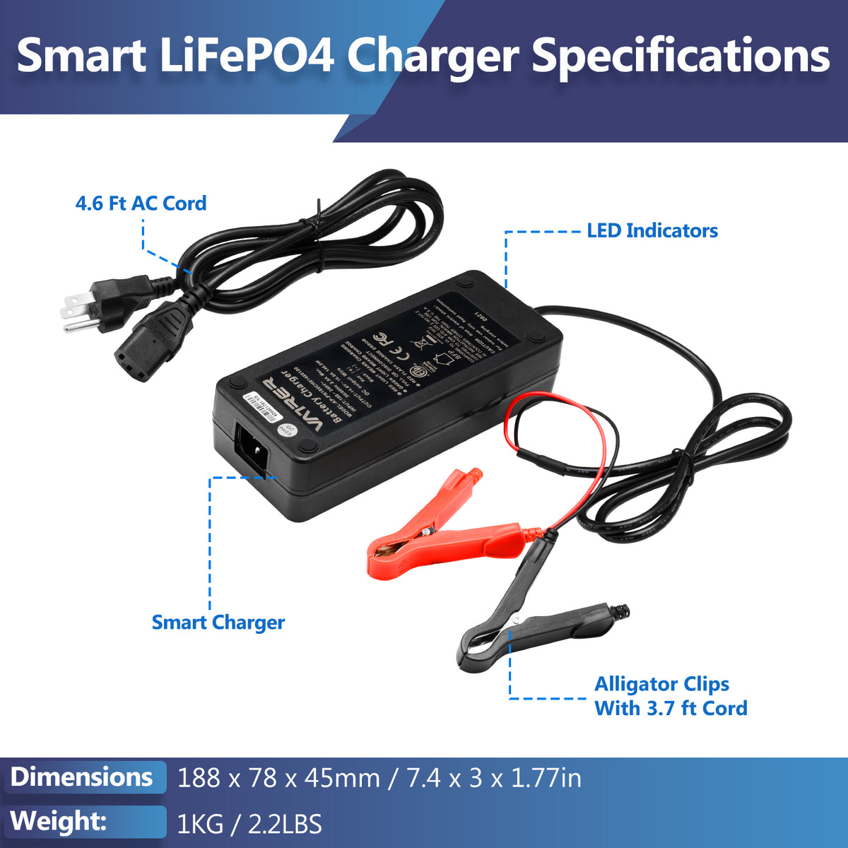 14.6V 10A Intelligent AC-DC Charger for 12V Lithium Iron Phosphate