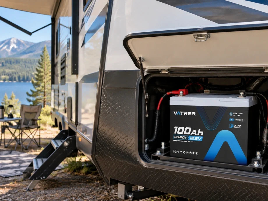 Vatrer 12V 100Ah Group 24 LiFePO4 battery installed in an RV battery compartment at a lakeside campsite