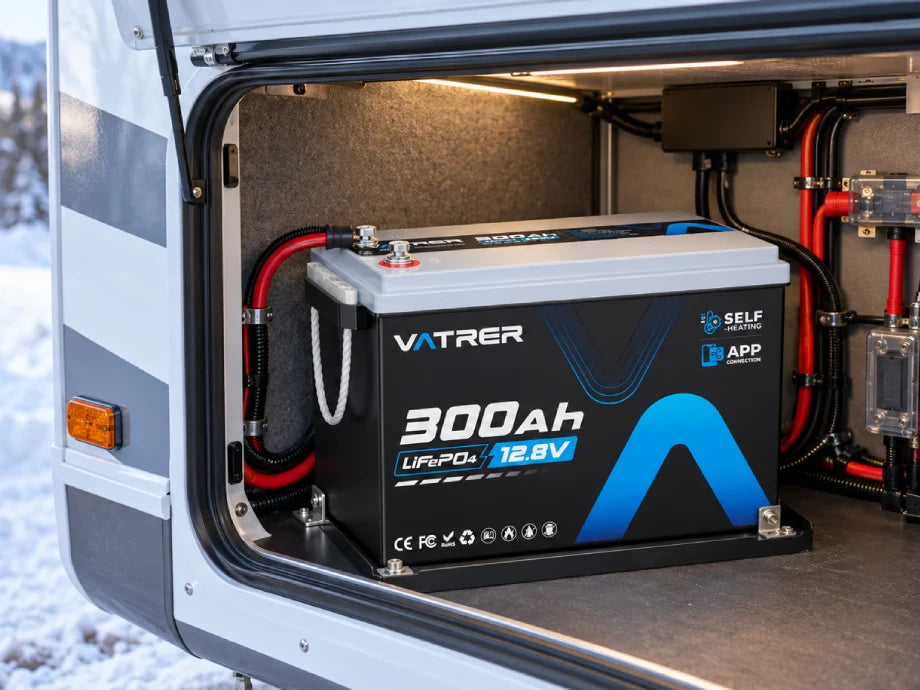 Vatrer 12V 300Ah self-heating LiFePO4 battery installed in an RV power compartment during snowy winter weather