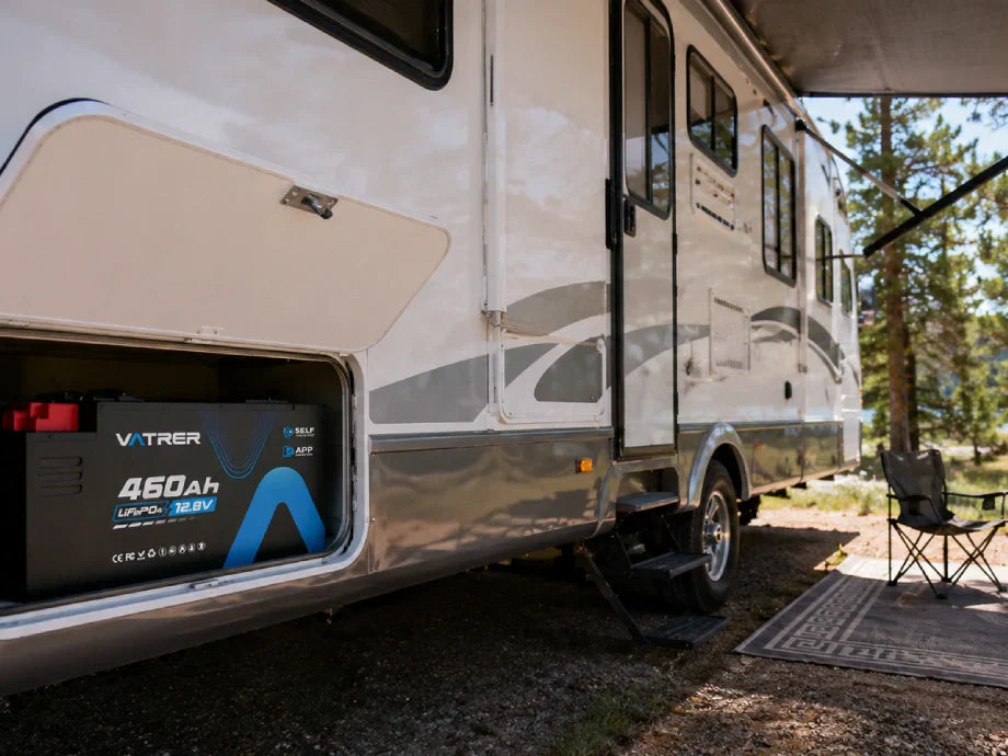 12V LiFePO4 battery installed in an RV storage compartment at a lakeside campsite