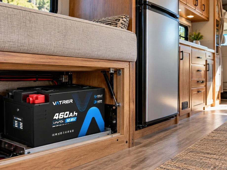 Vatrer 12V 460Ah LiFePO4 battery and charging equipment installed under a camper van bed, with a 12V refrigerator nearby