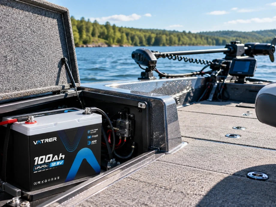 Vatrer 12V 100Ah Group 24 LiFePO4 battery secured inside a fishing boat battery compartment near a trolling motor and marine electronics