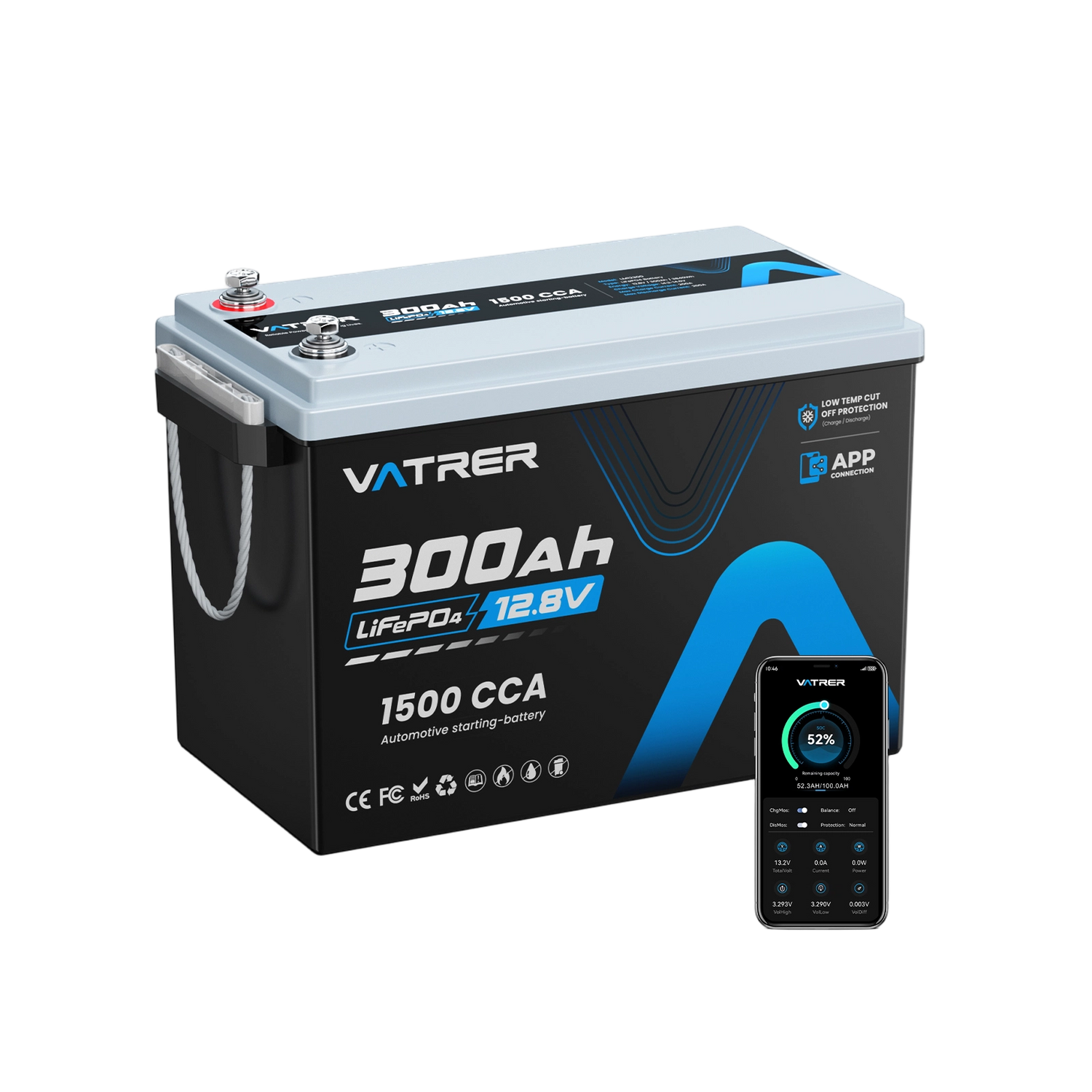 Vatrer 12V 300Ah Bluetooth Battery