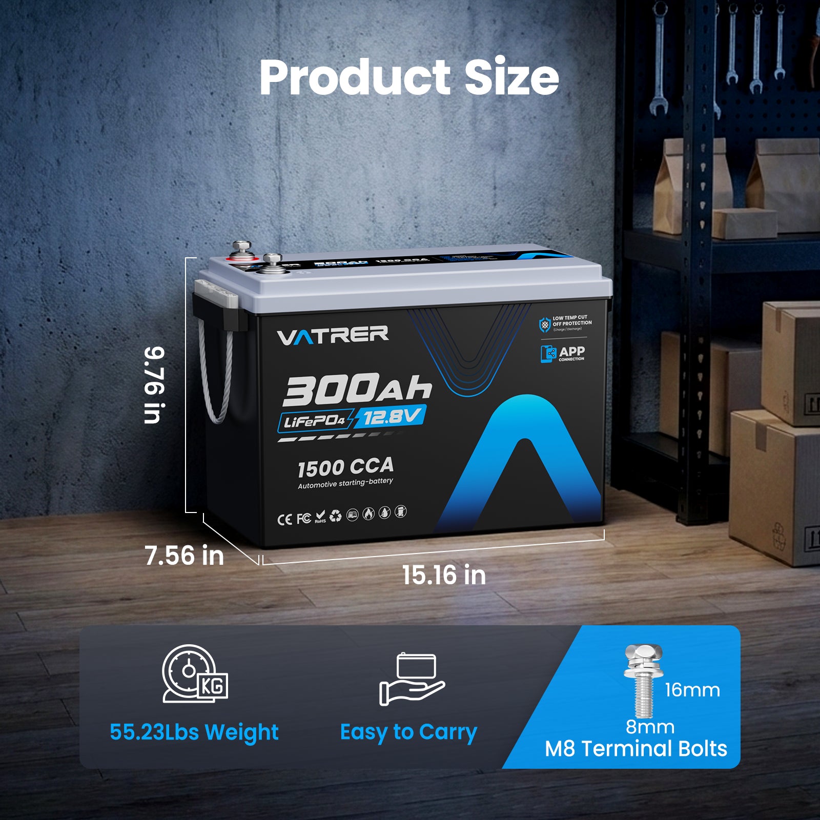 Vatrer 12V 300Ah Size