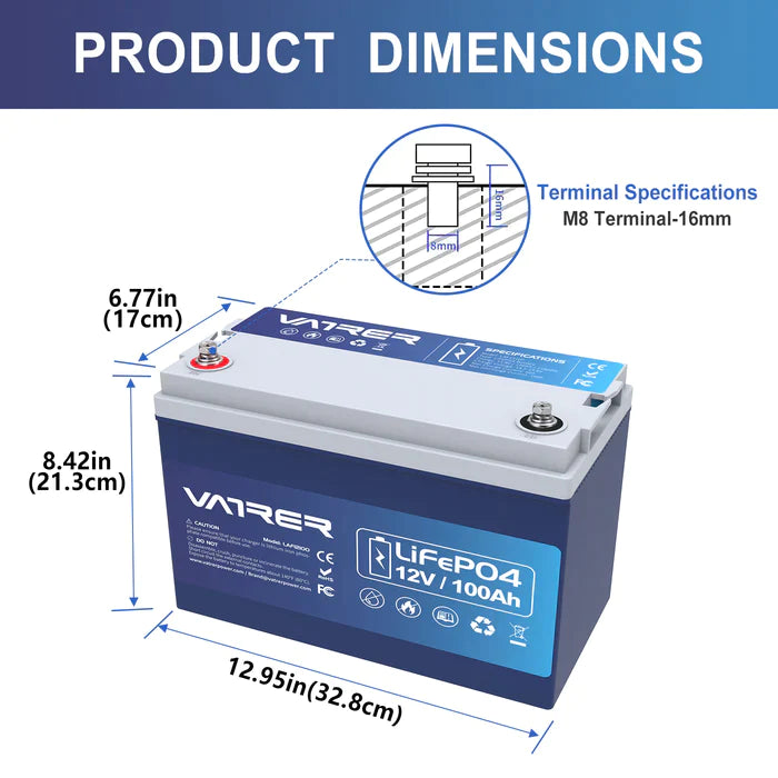 Vatler 12V 100Ah LiFePO4 リチウム バッテリー、低温カットオフおよび Bluetooth EU 付き