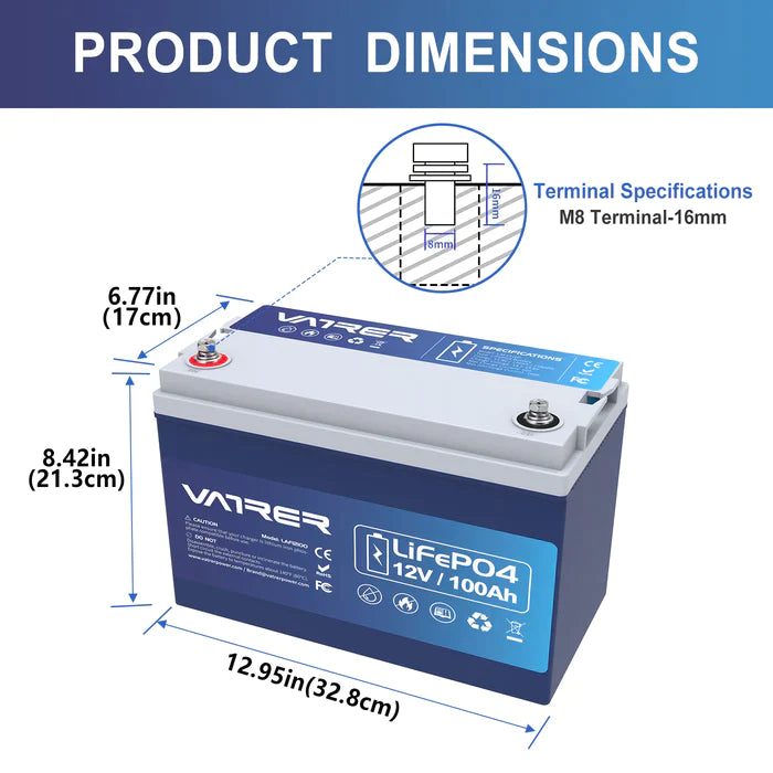 Vatrer 12 V 100 Ah LiFePO4-Lithium-Akku mit Bluetooth, Abschaltung bei niedriger Temperatur und integriertem 100 A BMS