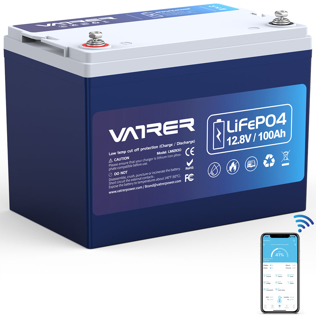<tc>Vatrer</tc> 12 V 100 Ah (Gruppe 24), verbesserte LiFePO4-Batterie mit Niedertemperaturabschaltung – Bluetooth-Version