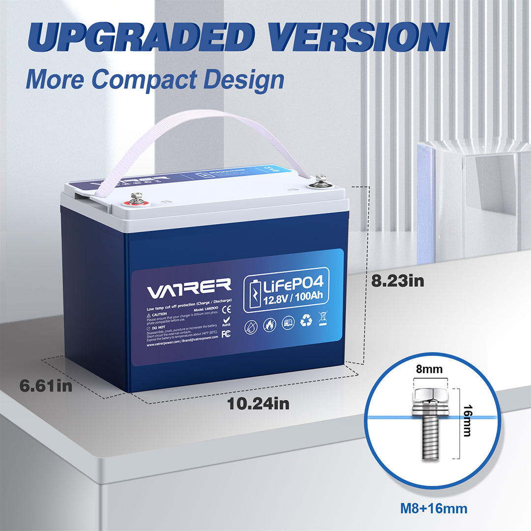 <tc>Vatrer</tc> 12 V 100 Ah (Gruppe 24), verbesserte LiFePO4-Batterie mit Niedertemperaturabschaltung – Bluetooth-Version