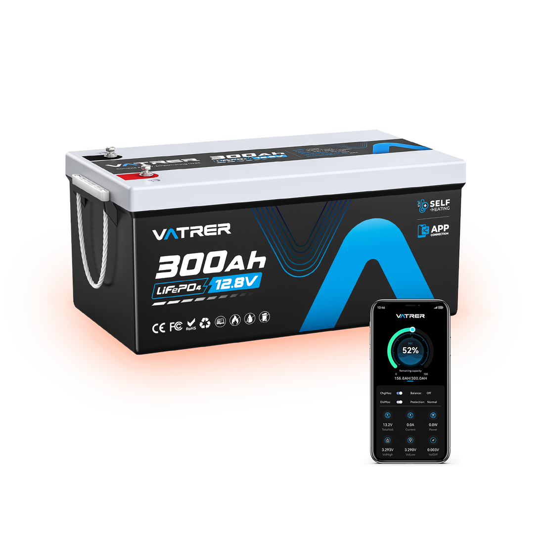 Vatrer 12V 300AH LiFePO4 Lithium RV Battery with Self-Heating