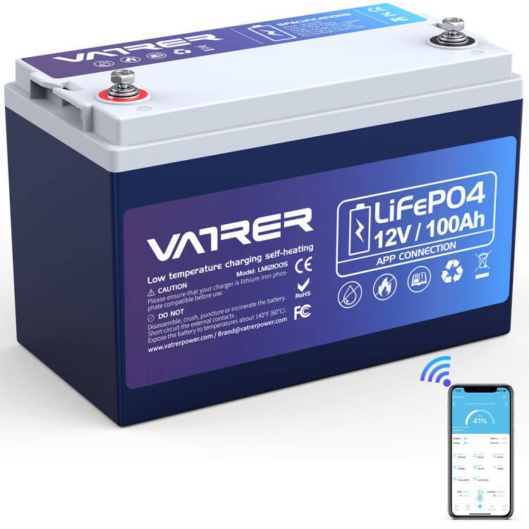 Vatrer 12V 100AH LiFePO4 Lithium Battery with APP Monitoring &  Self-He-Vatrer