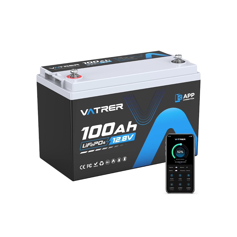 【Vorbestellen】Vatrer 12 V 100 Ah LiFePO4-Lithium-Akku mit Bluetooth, Abschaltung bei niedriger Temperatur und integriertem 100 A BMS
