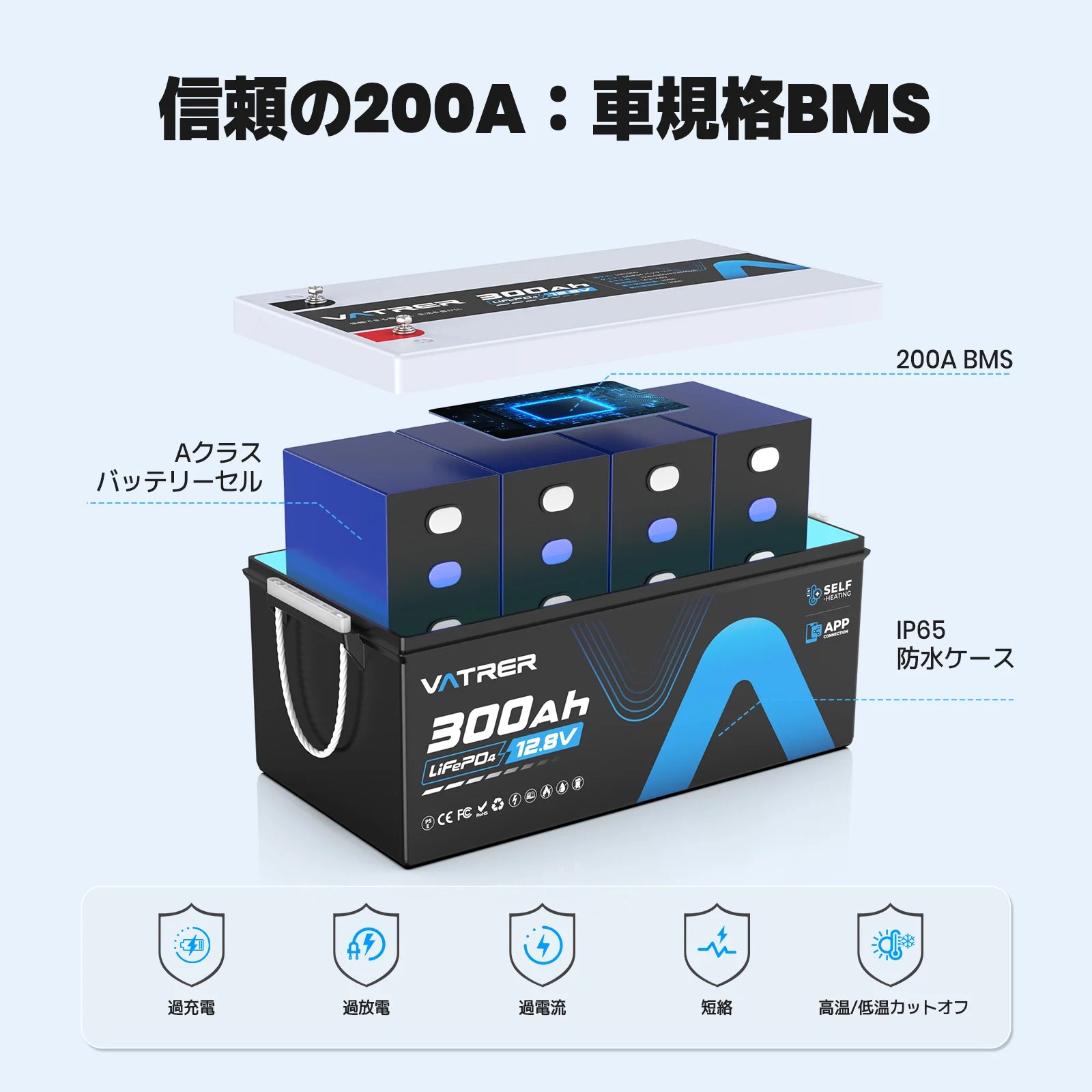 12V 300AH Bluetooth LiFePO4 リチウム電池（自己加熱機能付き）