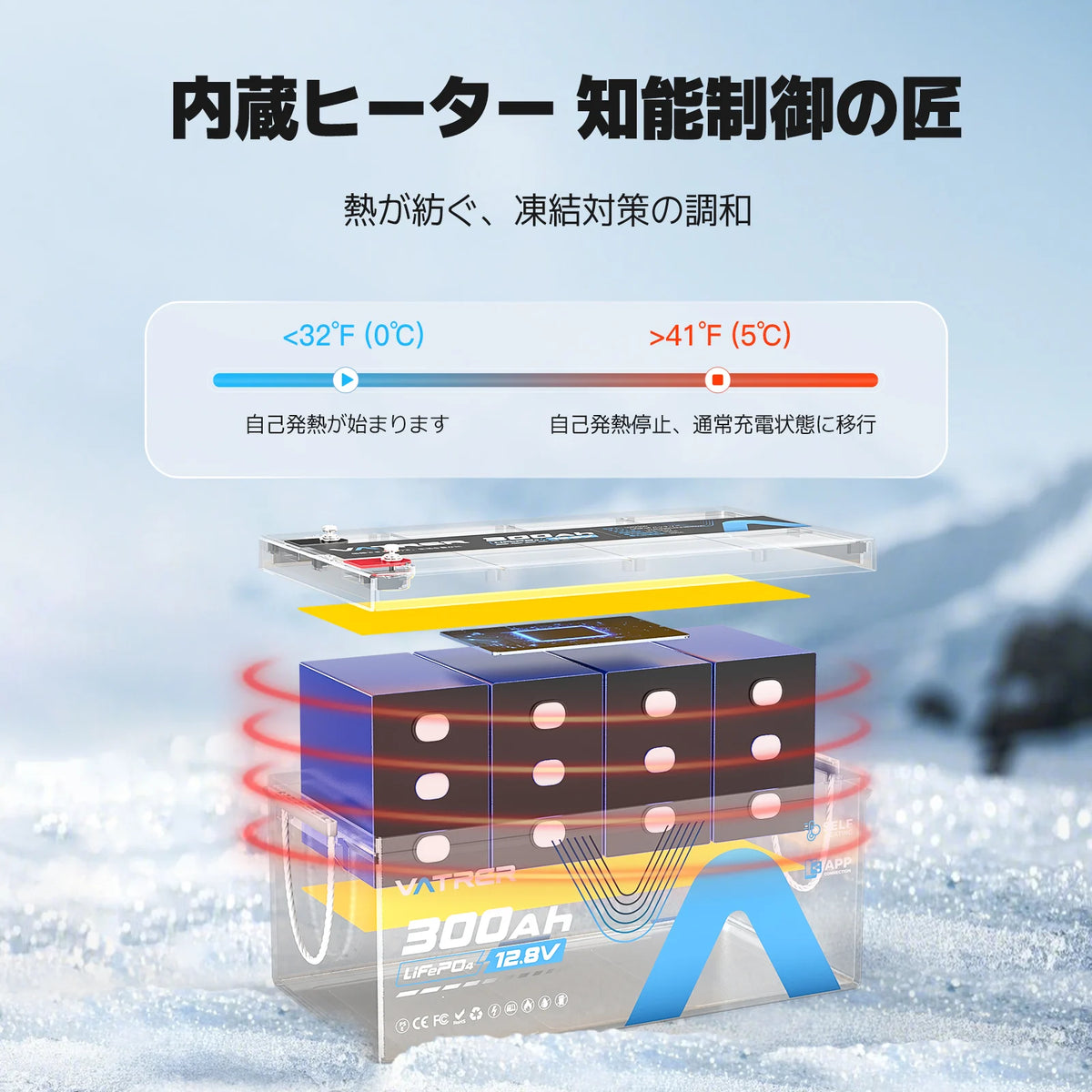 12V 300AH Bluetooth LiFePO4 リチウム電池（自己加熱機能付き）