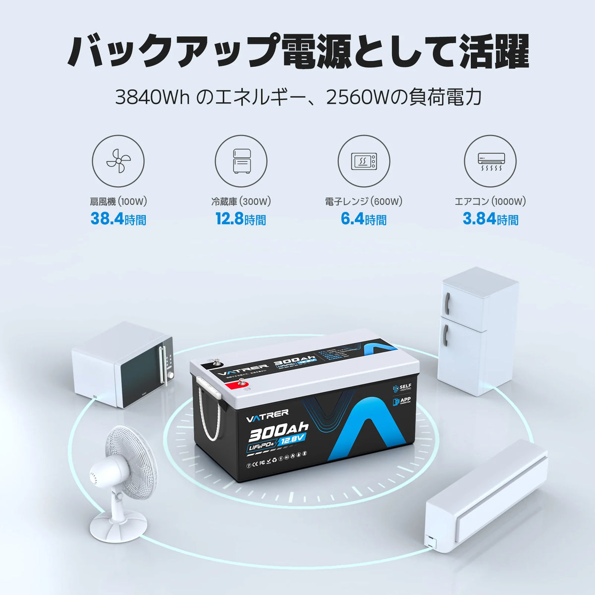 12V 300AH Bluetooth LiFePO4 リチウム電池（自己加熱機能付き）