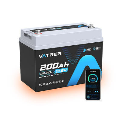 Vatrer 12V 200Ah Bluetooth LiFePO4 Self-Heated Lithium Battery 200A BMS CA