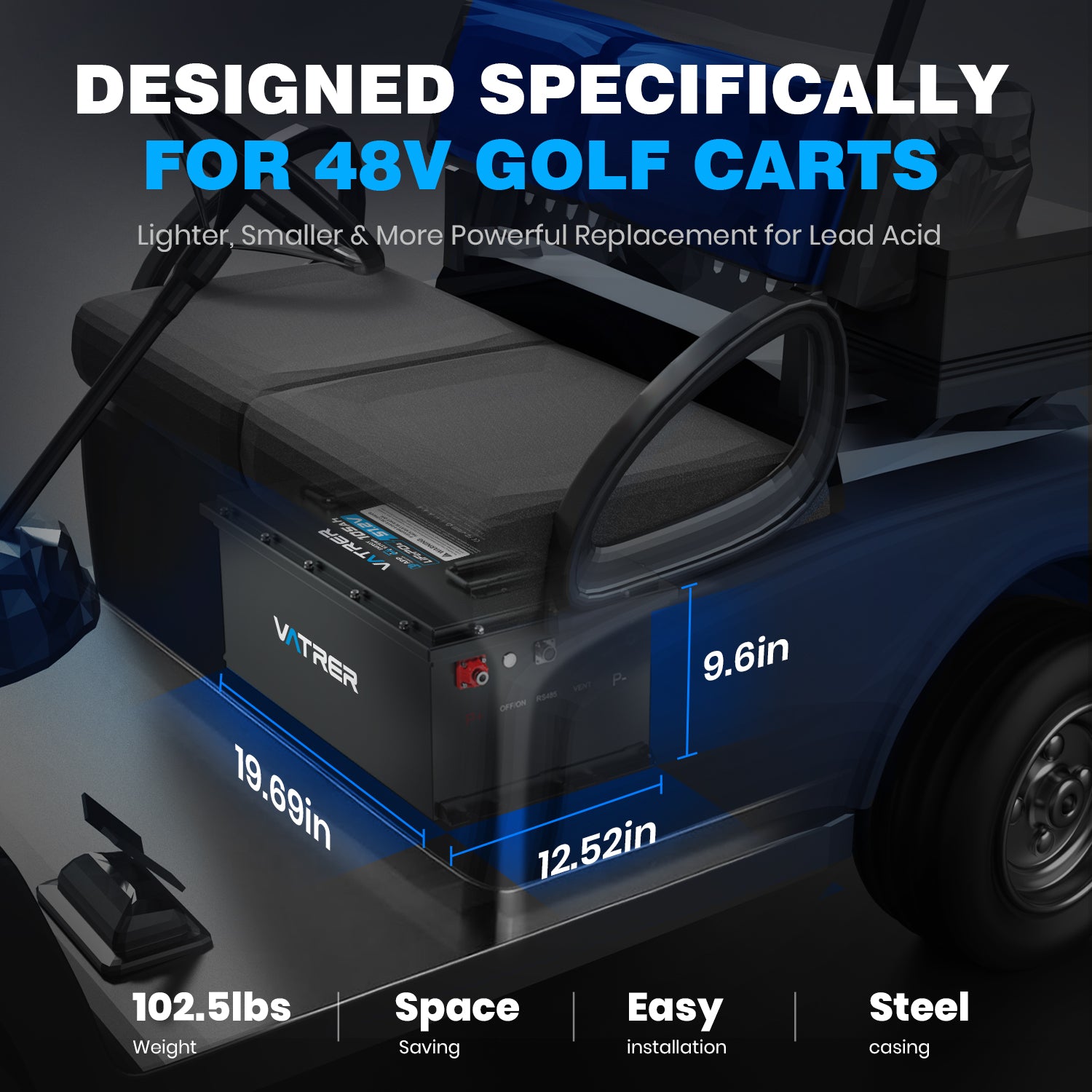 Compact Vatrer 48V 105Ah lithium golf cart battery dimensions